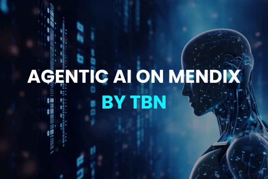 Article banner image titled "Maximizing Enterprise Potential with Agentic AI on Mendix by TBN" featuring a digital futuristic AI robot profile next to streaming binary data codes on a blue tech background.
