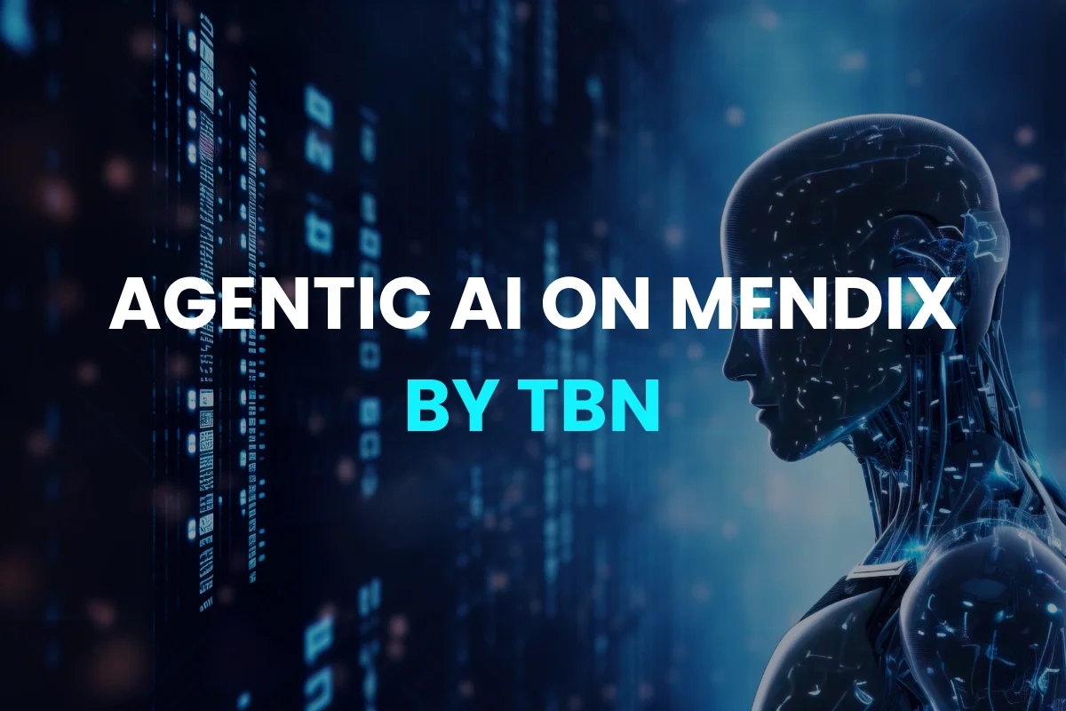 Article banner image titled "Maximizing Enterprise Potential with Agentic AI on Mendix by TBN" featuring a digital futuristic AI robot profile next to streaming binary data codes on a blue tech background.
