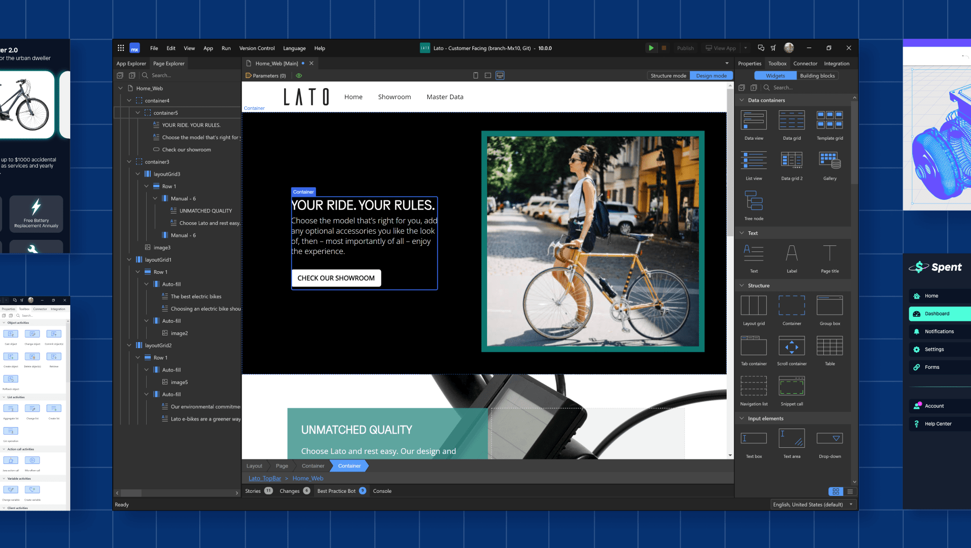Mendix Studio Pro — Low-Code development environment showing drag-and-drop UI builder and component library for enterprise application development