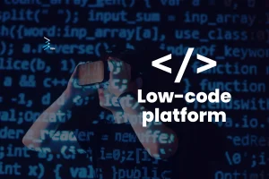 A developer wearing a VR headset surrounded by code — representing Low-Code platform development by TBN Corporation