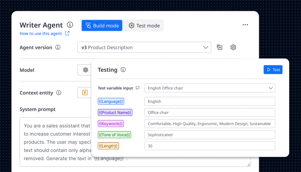 Mendix AI Agent Builder — Writer Agent interface showing build mode, system prompt configuration and test variables for enterprise AI application development