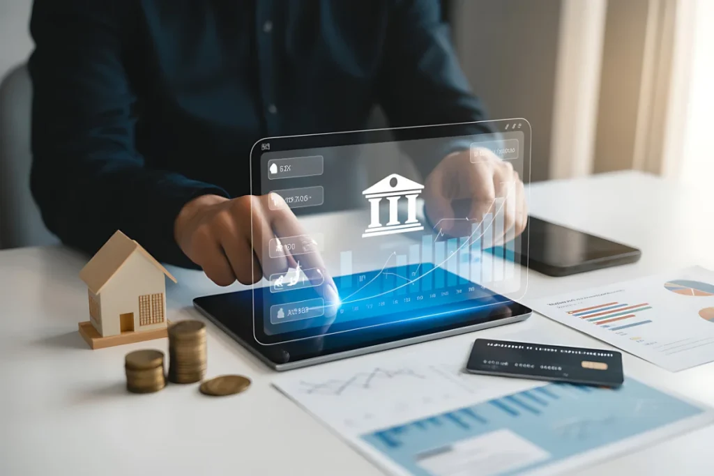 Low-Code Banking ไทย — ระบบธนาคารดิจิทัลบน tablet แสดงข้อมูลการเงินและกราฟการเติบโตแบบ real-time